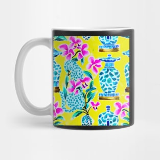 Blue panther, orchids and chinoiserie jars on yellow Mug